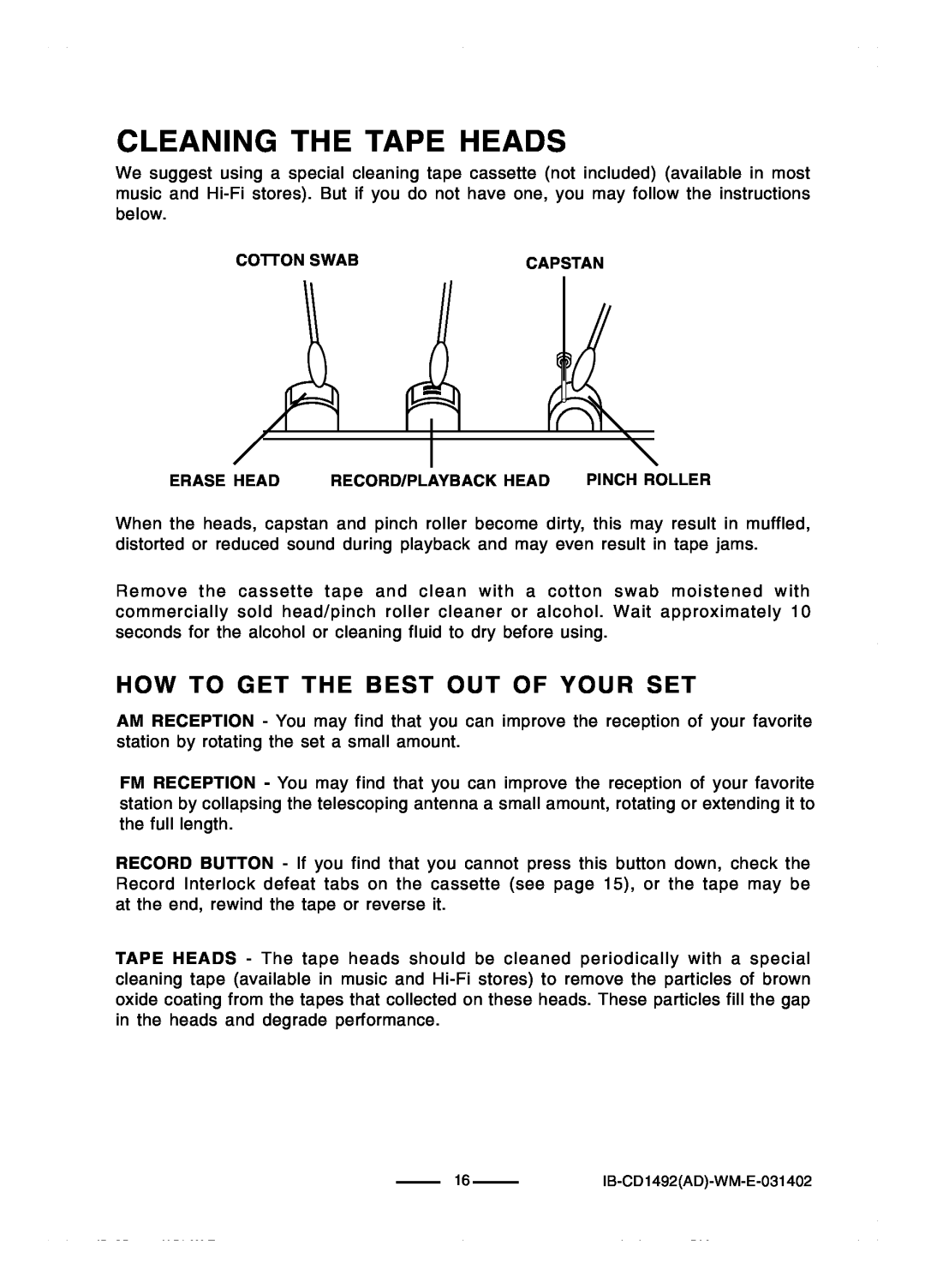 Lenoxx Electronics CD-1492 operating instructions Cleaning The Tape Heads, How To Get The Best Out Of Your Set 