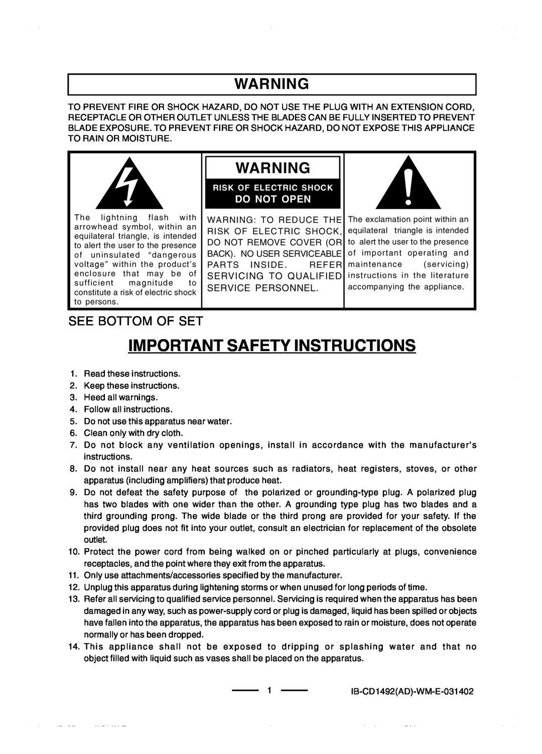 Lenoxx Electronics CD-1492 Important Safety Instructions, See Bottom Of Set, Do Not Open, Risk Of Electric Shock 