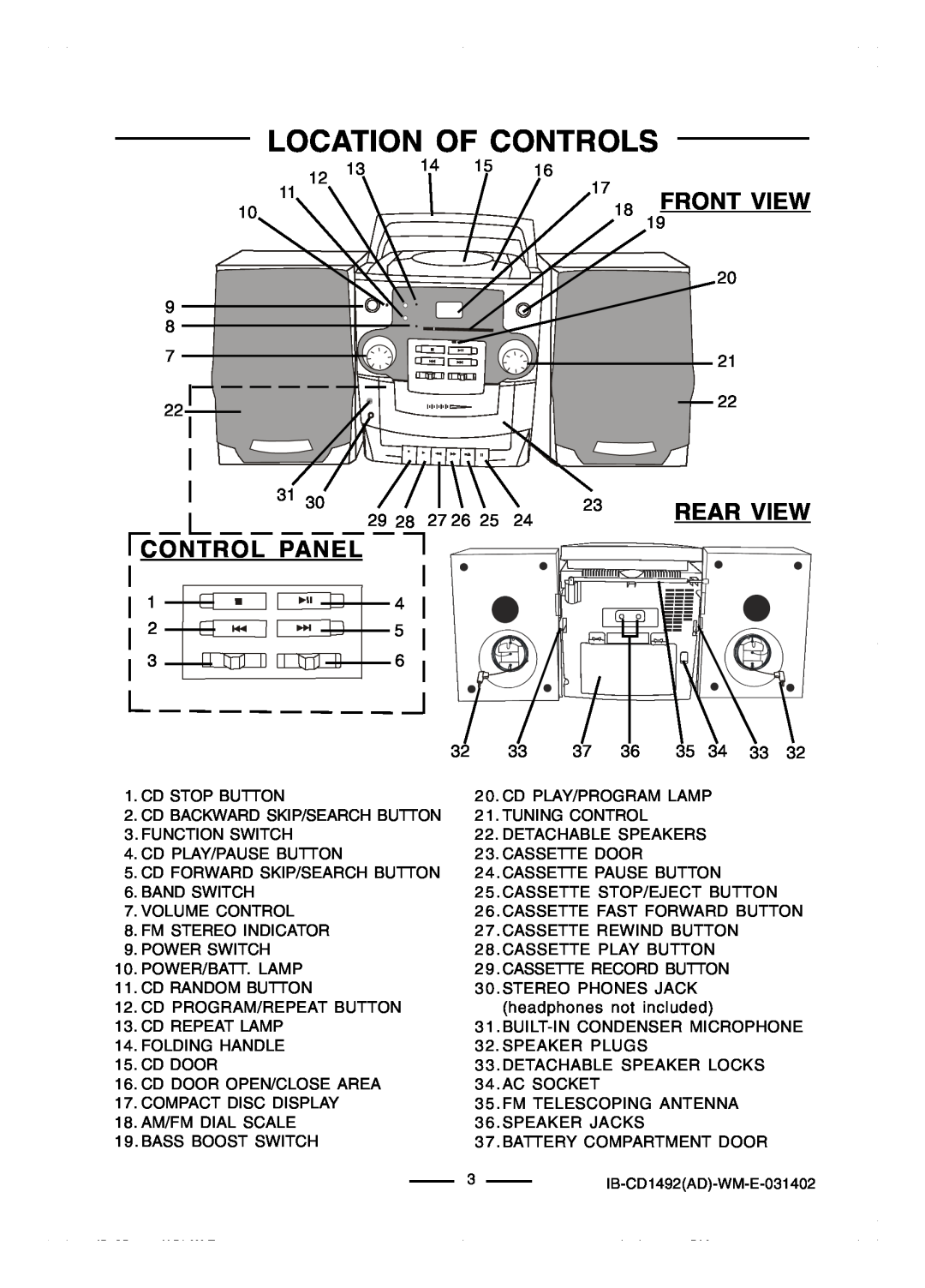 Lenoxx Electronics CD-1492 operating instructions Location Of Controls, Front View, Rear View, Control Panel 