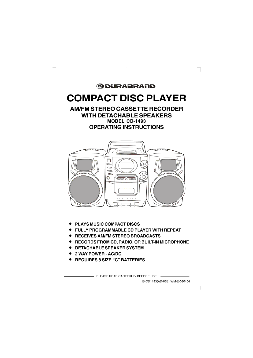 Lenoxx Electronics CD-1493 manual Compact Disc Player 