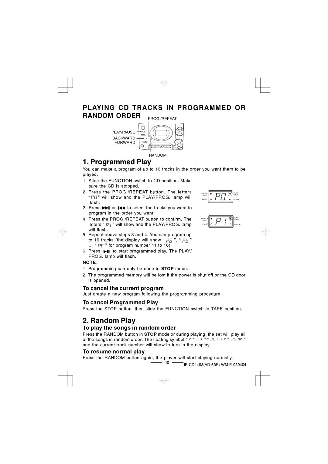 Lenoxx Electronics CD-1493 manual Programmed Play 