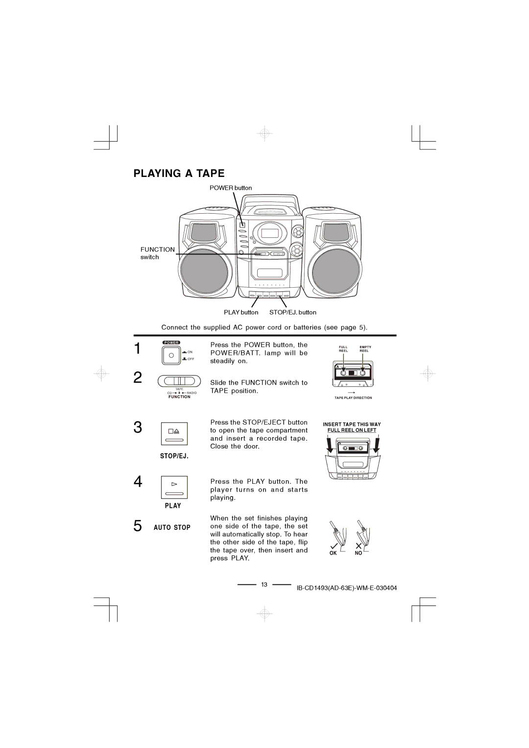 Lenoxx Electronics CD-1493 manual Playing a Tape, STOP/EJ Play Auto Stop 