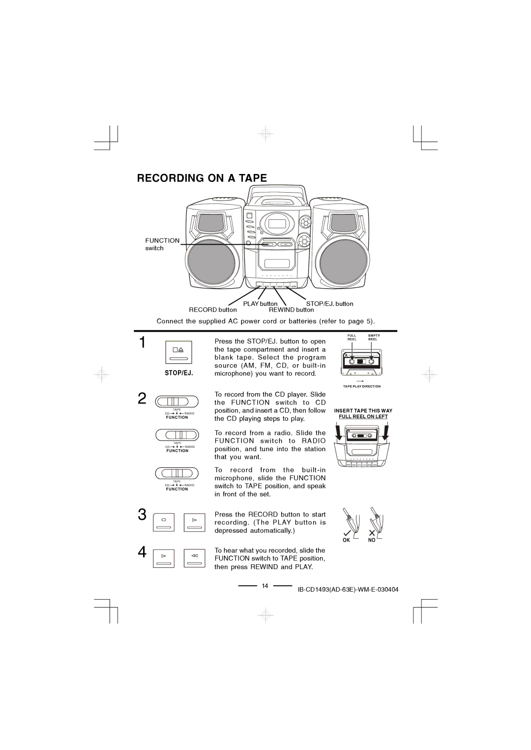 Lenoxx Electronics CD-1493 manual Recording on a Tape, Stop/Ej 