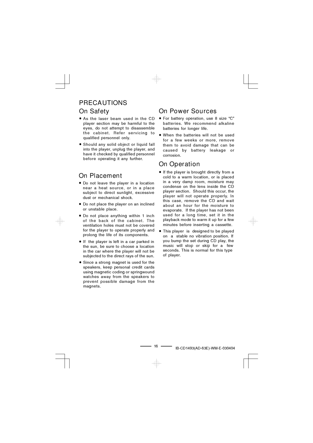 Lenoxx Electronics CD-1493 manual Precautions, On Safety, On Placement, On Power Sources, On Operation 