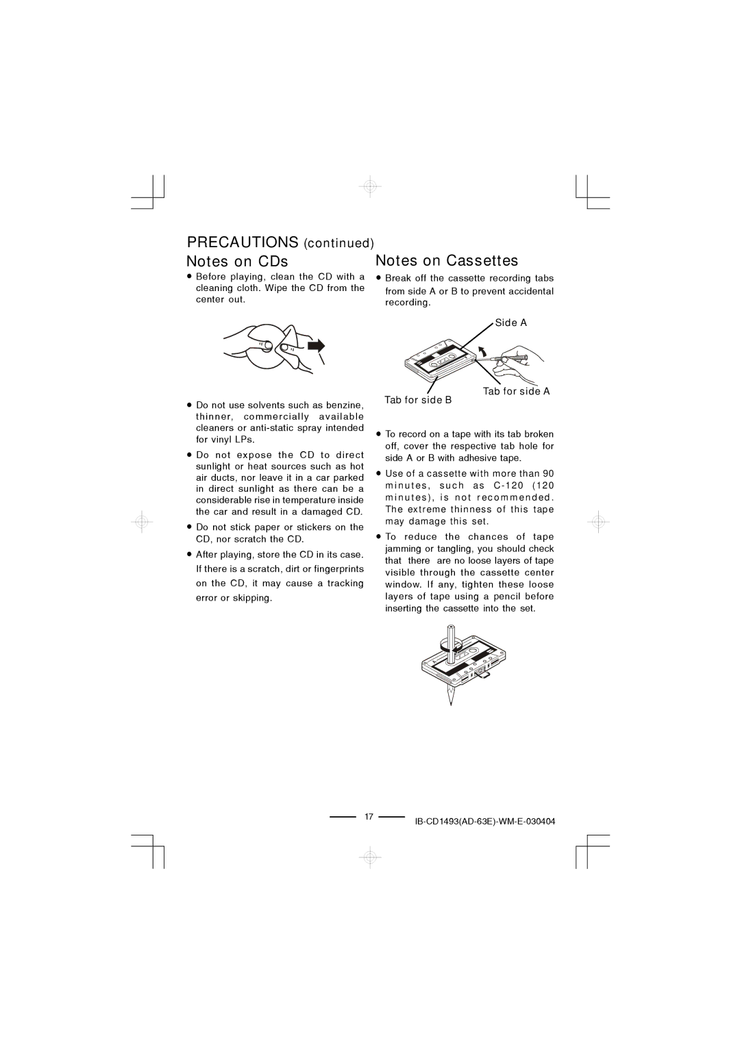 Lenoxx Electronics CD-1493 manual Precautions Notes on CDs, Tab for side B Side a Tab for side a 