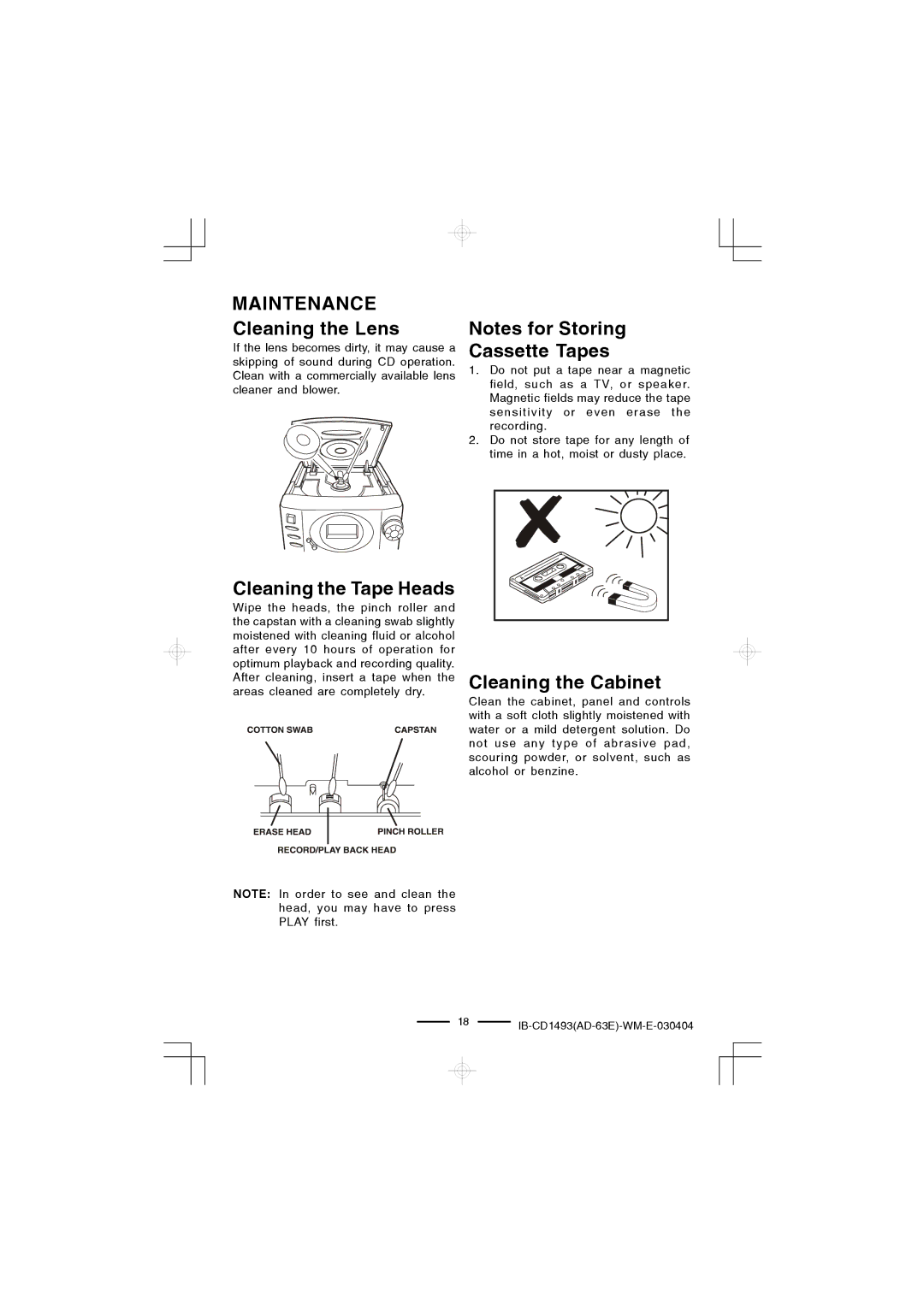 Lenoxx Electronics CD-1493 Maintenance, Cleaning the Lens, Cleaning the Tape Heads, Cassette Tapes, Cleaning the Cabinet 