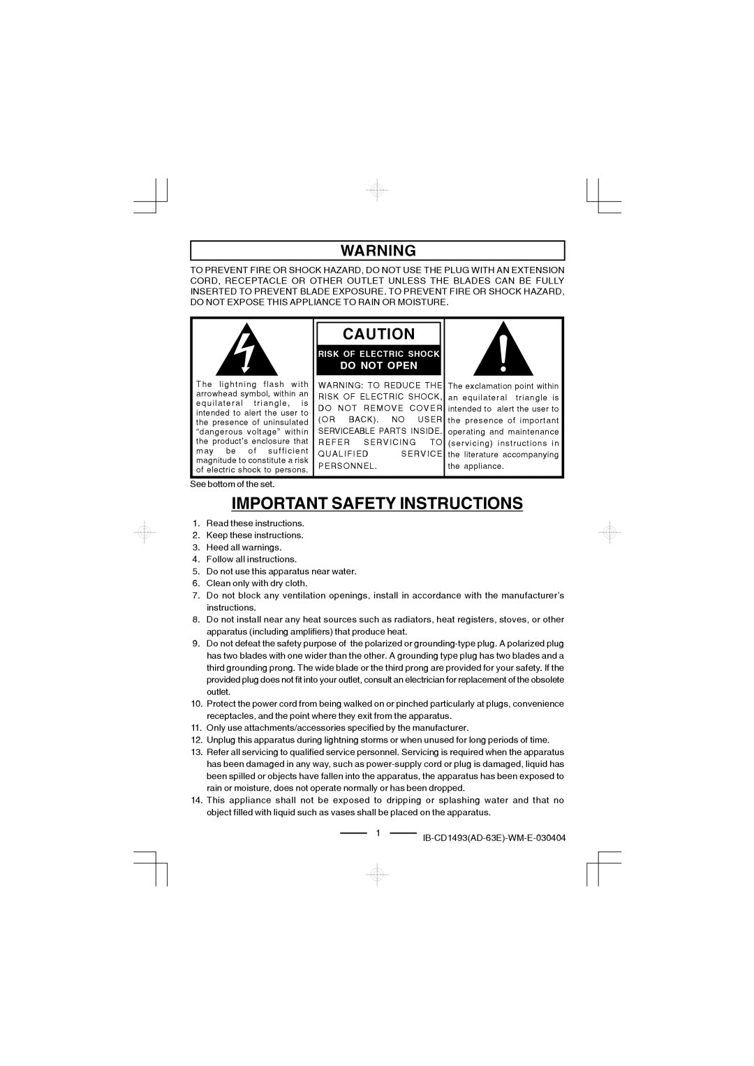 Lenoxx Electronics CD-1493 manual Important Safety Instructions 