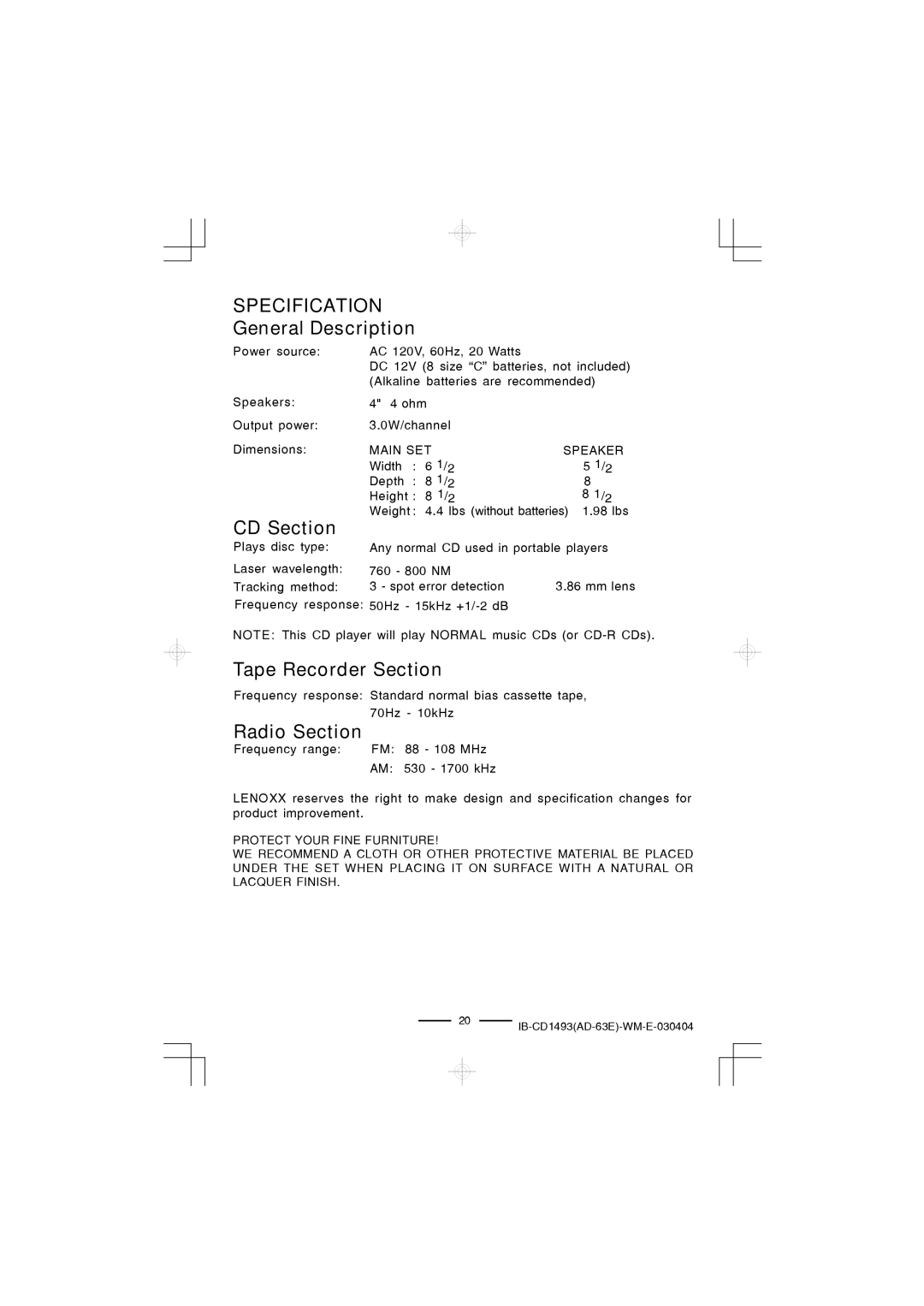 Lenoxx Electronics CD-1493 manual Specification, General Description, CD Section, Tape Recorder Section, Radio Section 