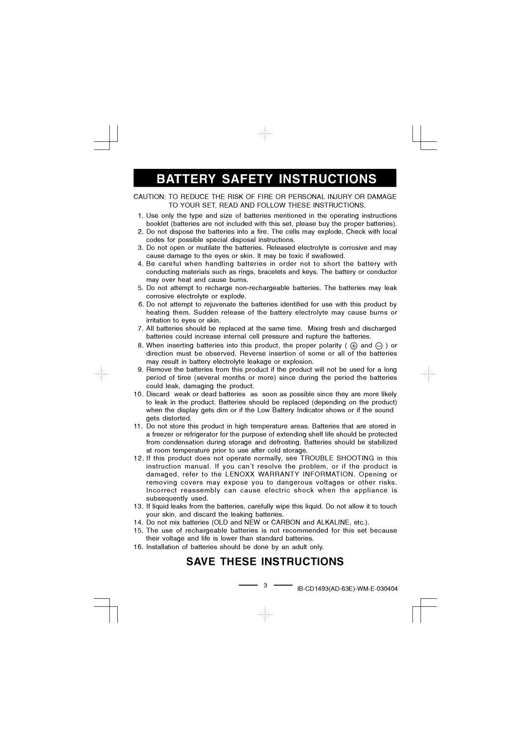 Lenoxx Electronics CD-1493 manual Battery Safety Instructions 