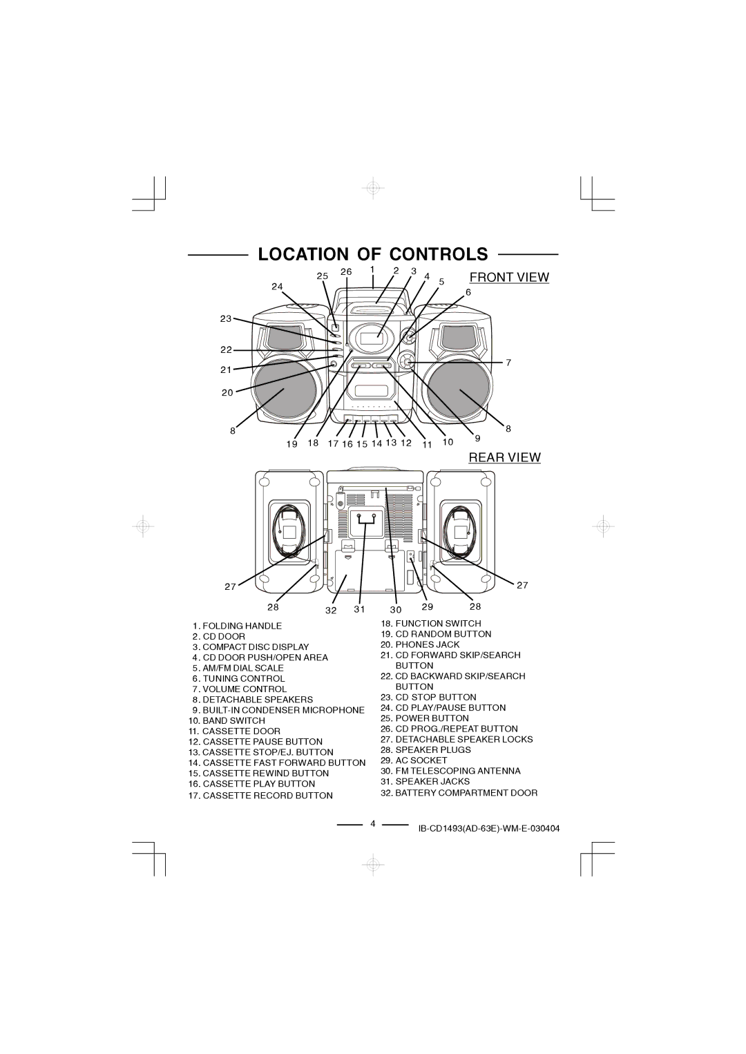 Lenoxx Electronics CD-1493 manual Location of Controls 