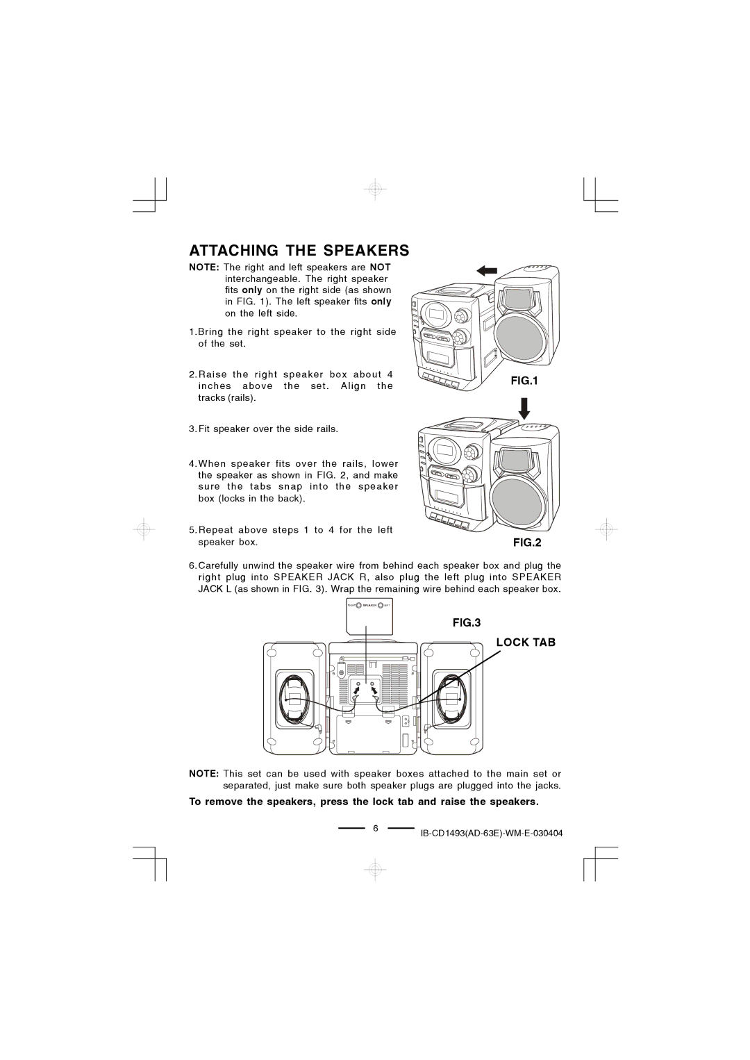 Lenoxx Electronics CD-1493 manual Attaching the Speakers, Lock TAB 