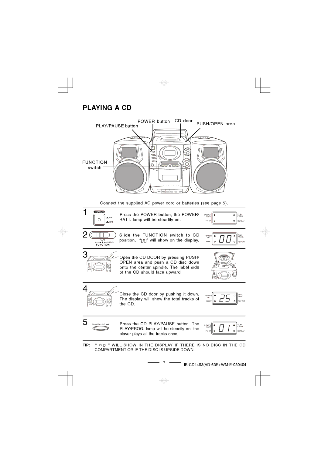 Lenoxx Electronics CD-1493 manual Playing a CD, Function 