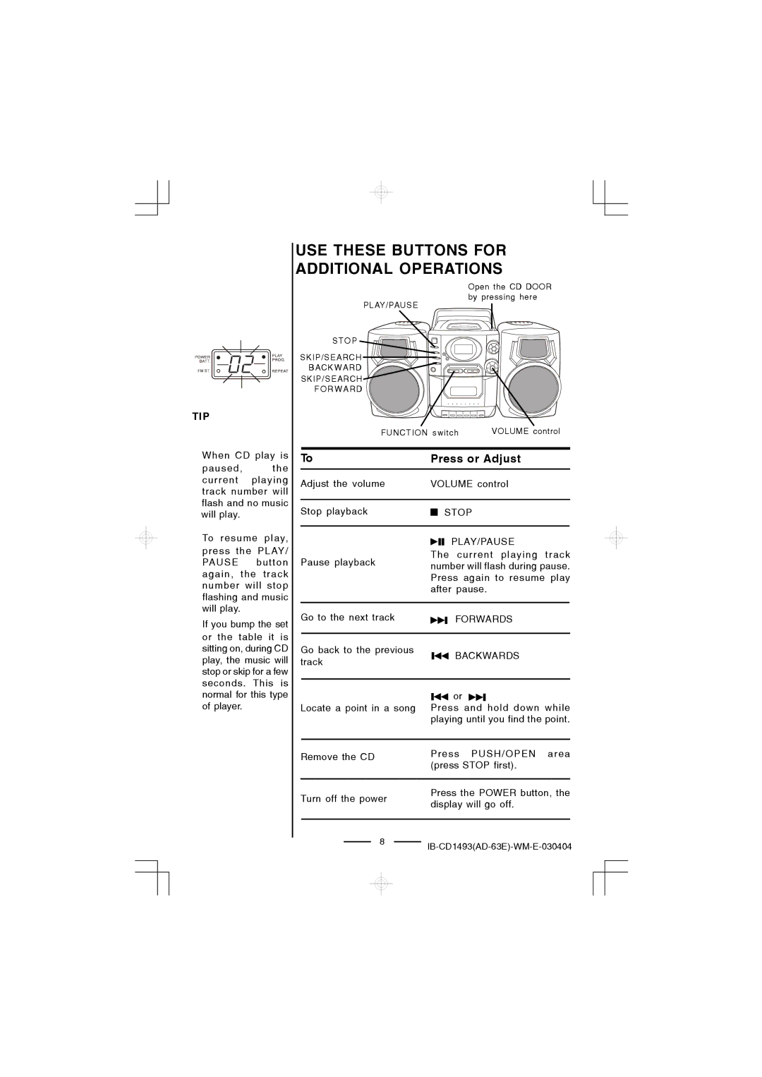 Lenoxx Electronics CD-1493 manual USE These Buttons for Additional Operations, Tip 