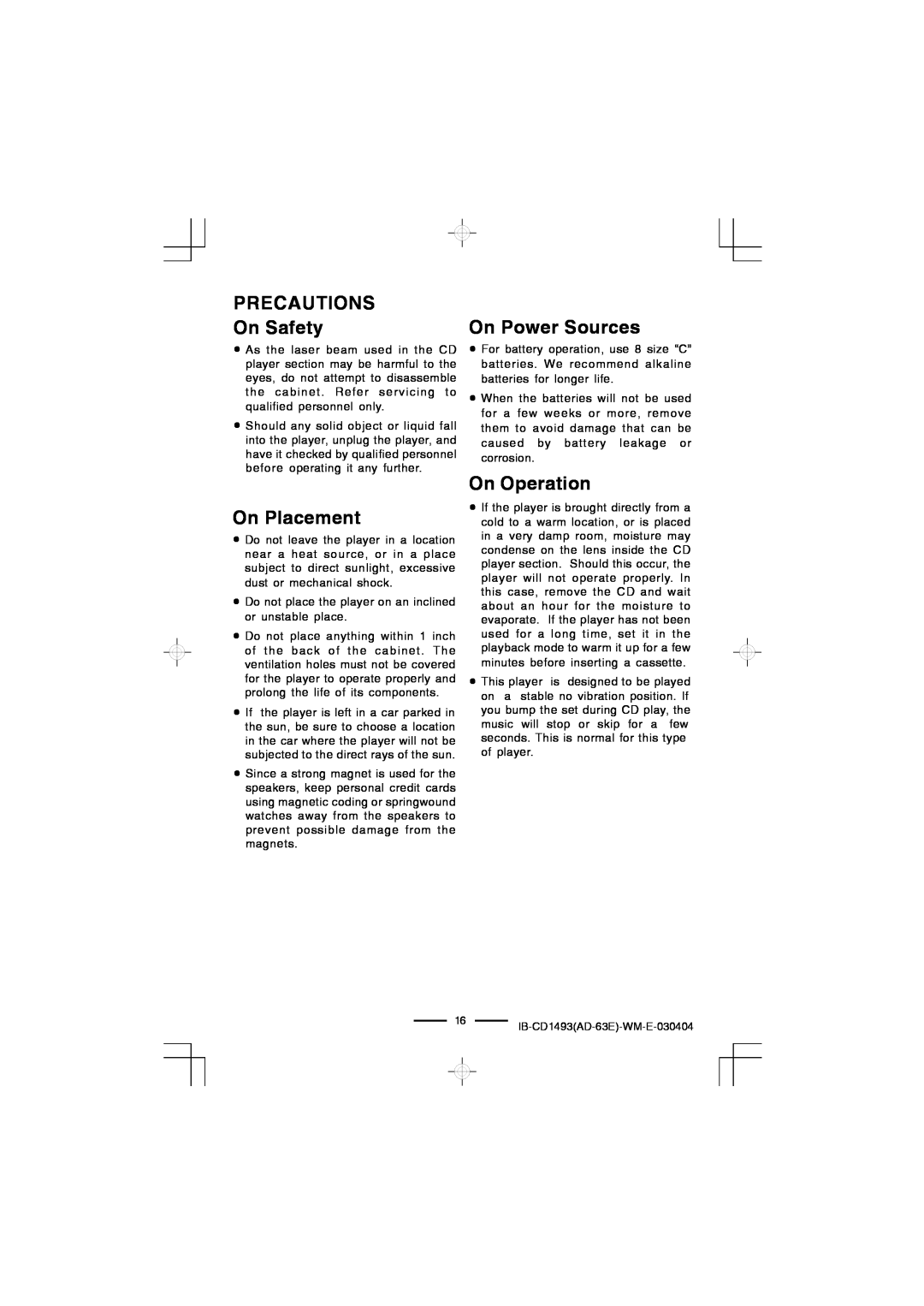 Lenoxx Electronics CD-1493 manual PRECAUTIONS On Safety, On Placement, On Power Sources, On Operation 