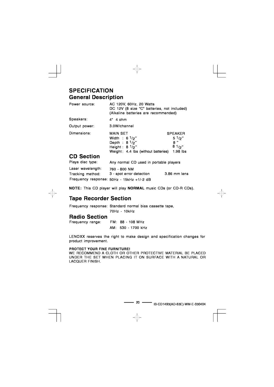 Lenoxx Electronics CD-1493 manual SPECIFICATION General Description, CD Section, Tape Recorder Section, Radio Section 