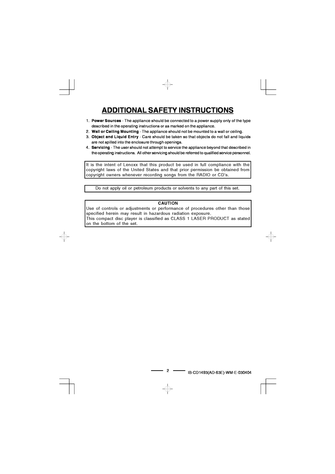 Lenoxx Electronics CD-1493 manual Additional Safety Instructions 