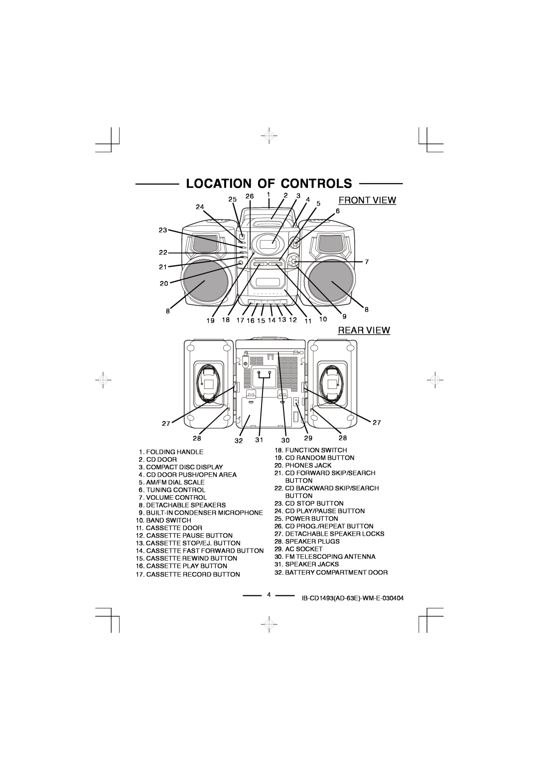 Lenoxx Electronics CD-1493 manual Front View, Rear View, Location Of Controls 