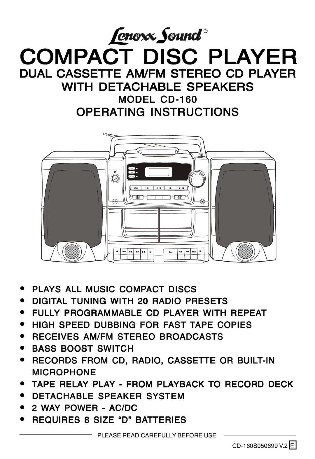 Lenoxx Electronics manual Compact Disc Player, Model CD-160 