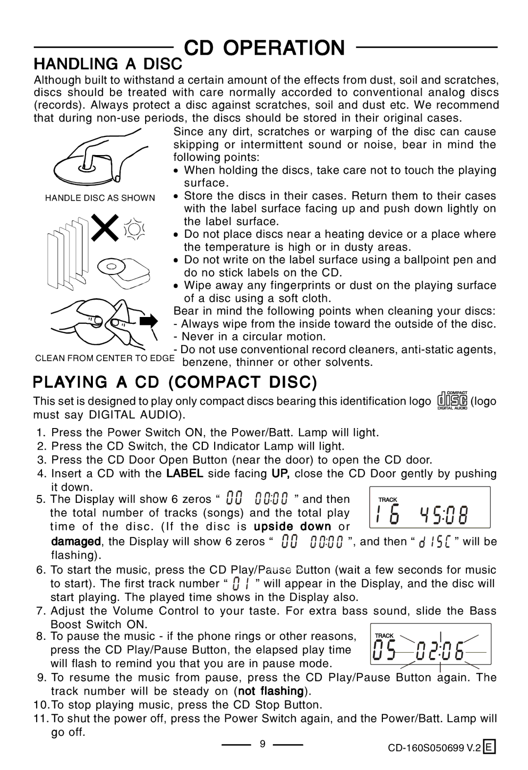 Lenoxx Electronics CD-160 manual Handling a Disccd Operation, Playing a CD Compact Disc 