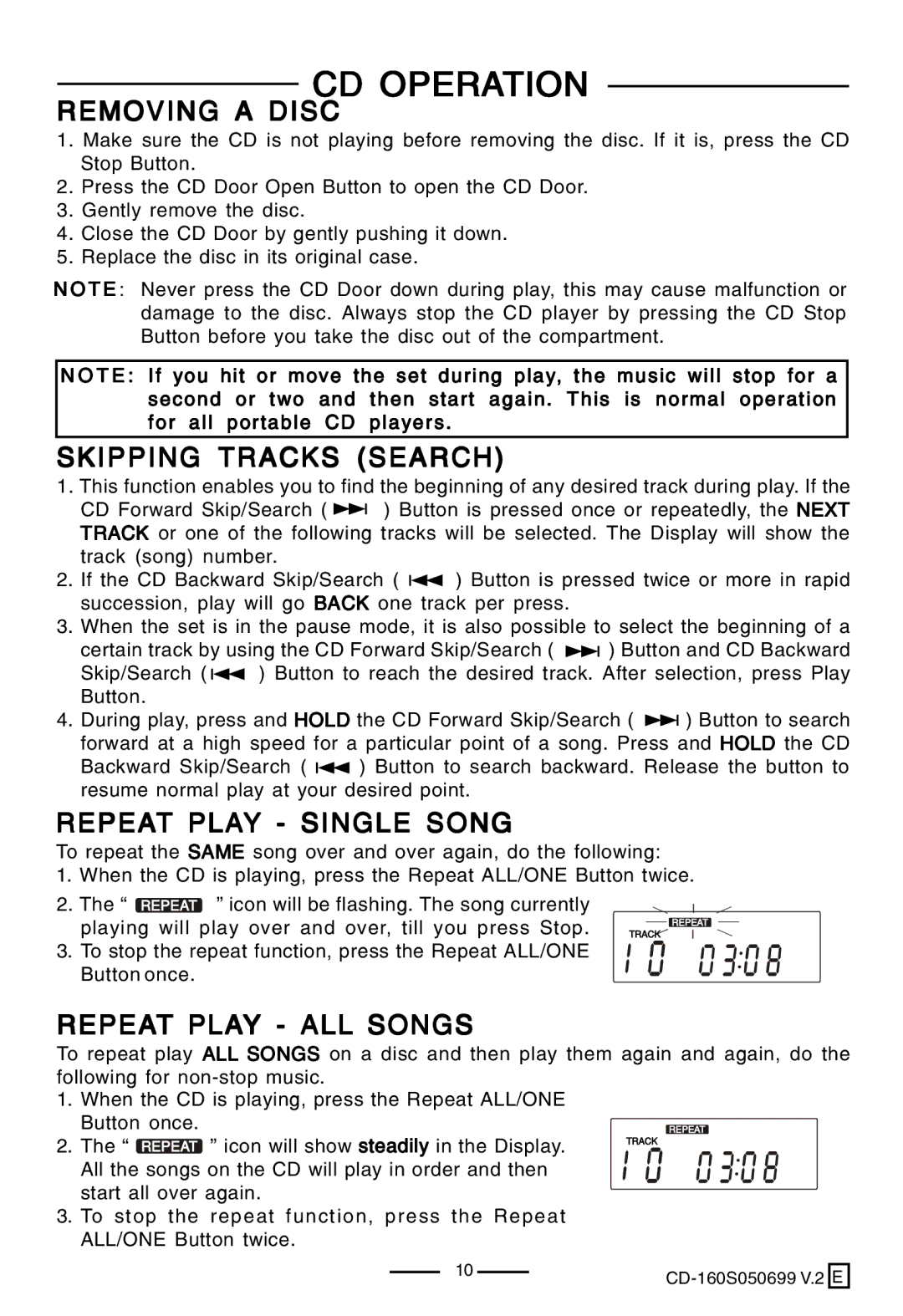 Lenoxx Electronics CD-160 manual CD Operation, Removing a Disc, Skipping Tracks Search, Repeat Play Single Song 