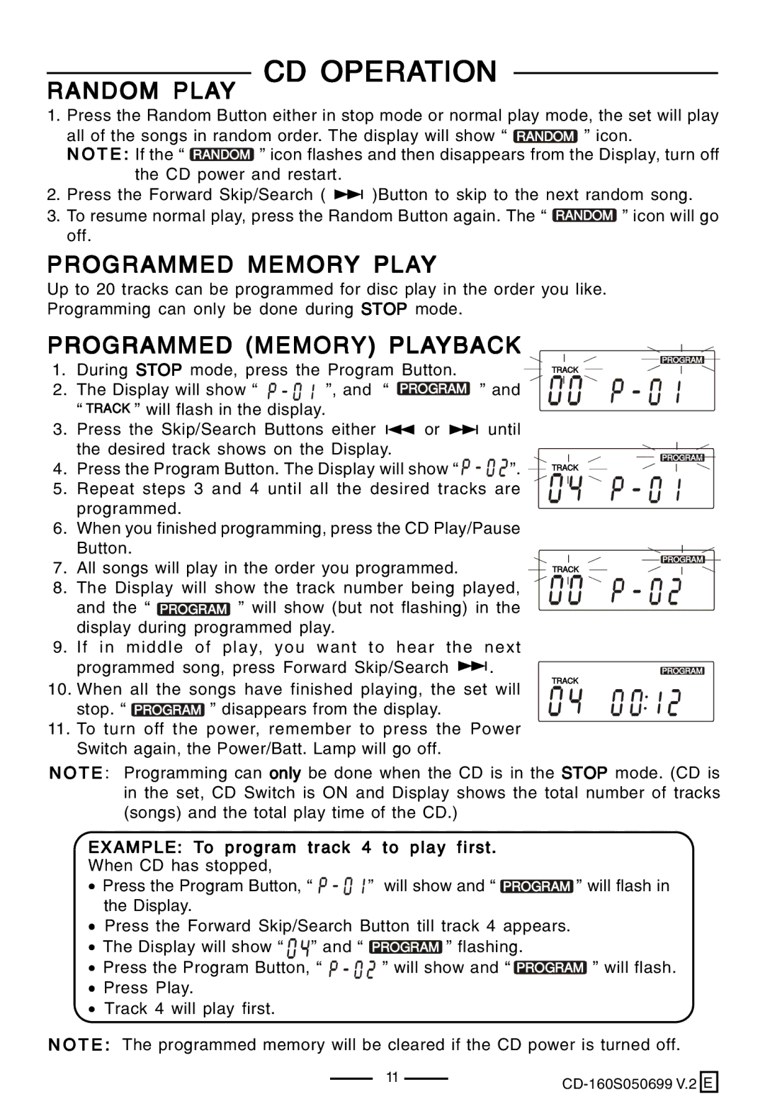 Lenoxx Electronics CD-160 manual Random Play CD Operation, Programmed Memory Playback 