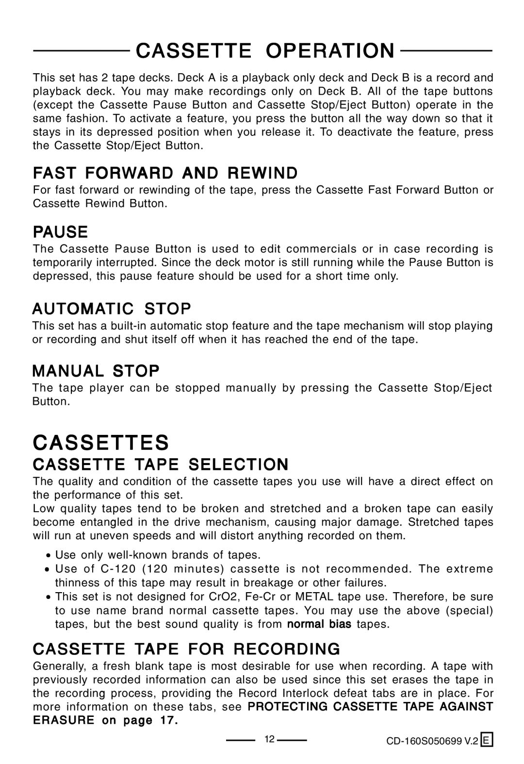 Lenoxx Electronics CD-160 manual Cassette Operation, Cassettes 