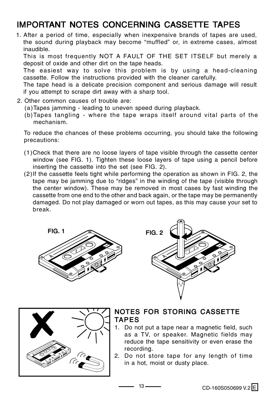 Lenoxx Electronics CD-160 manual Important Notes Concerning Cassette Tapes 