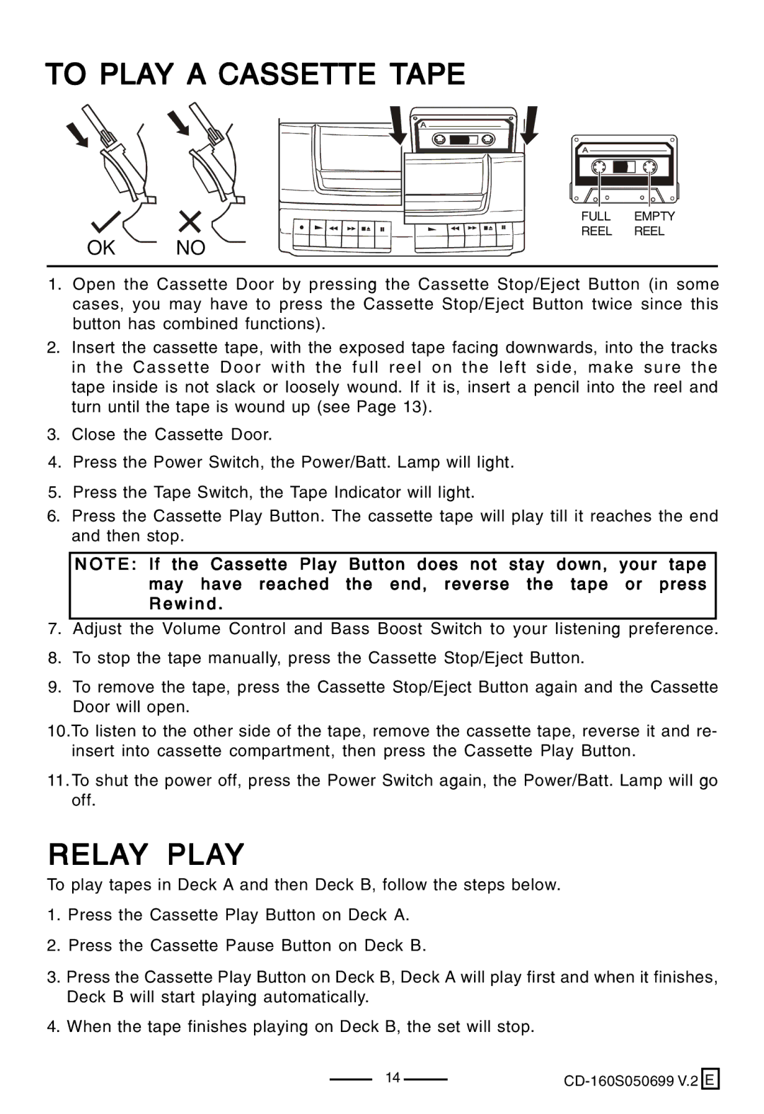 Lenoxx Electronics CD-160 manual To Play a Cassette Tape, Relay Play 