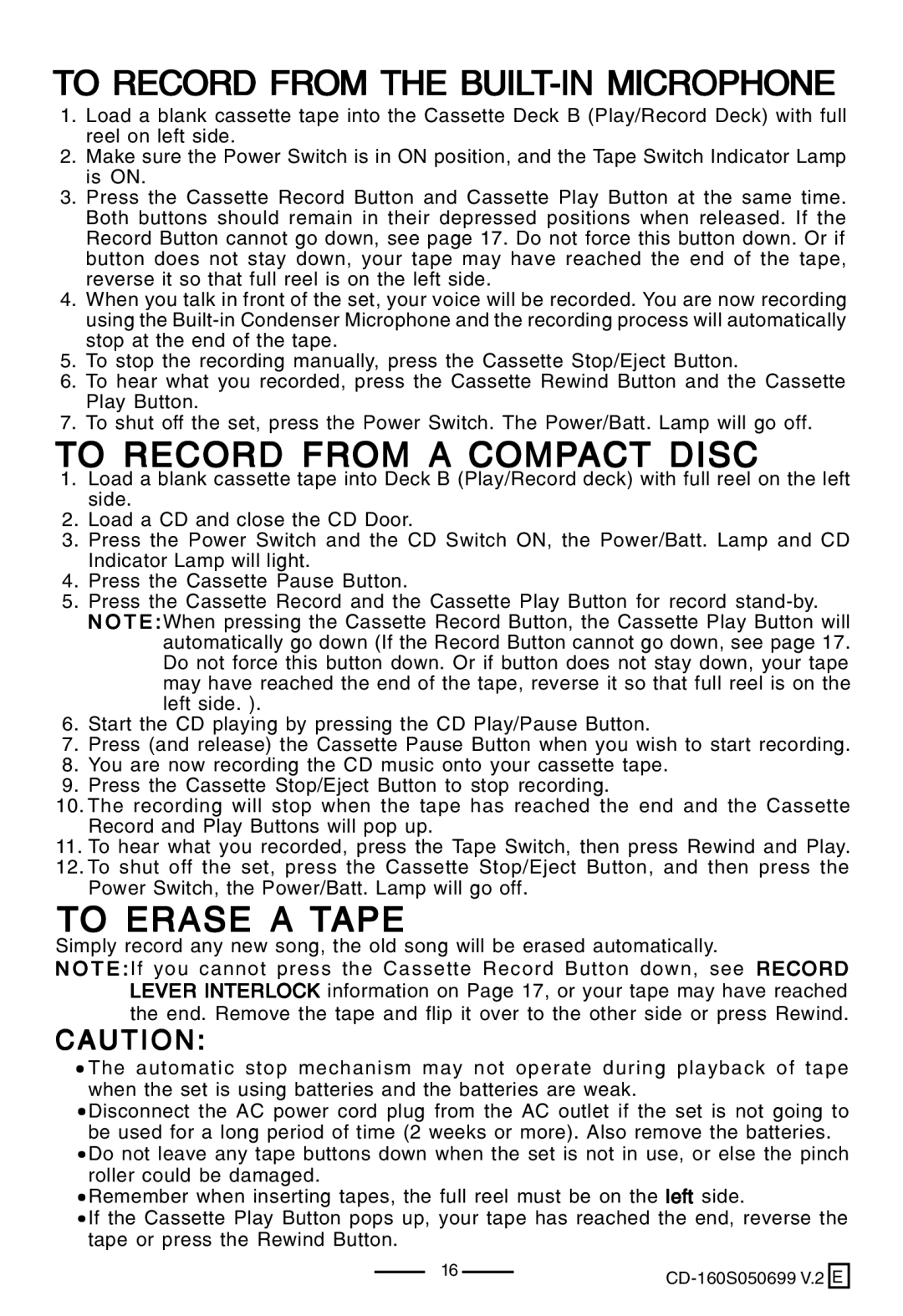 Lenoxx Electronics CD-160 manual To Record from the BUILT-IN Microphone, To Record from a Compact Disc, To Erase a Tape 