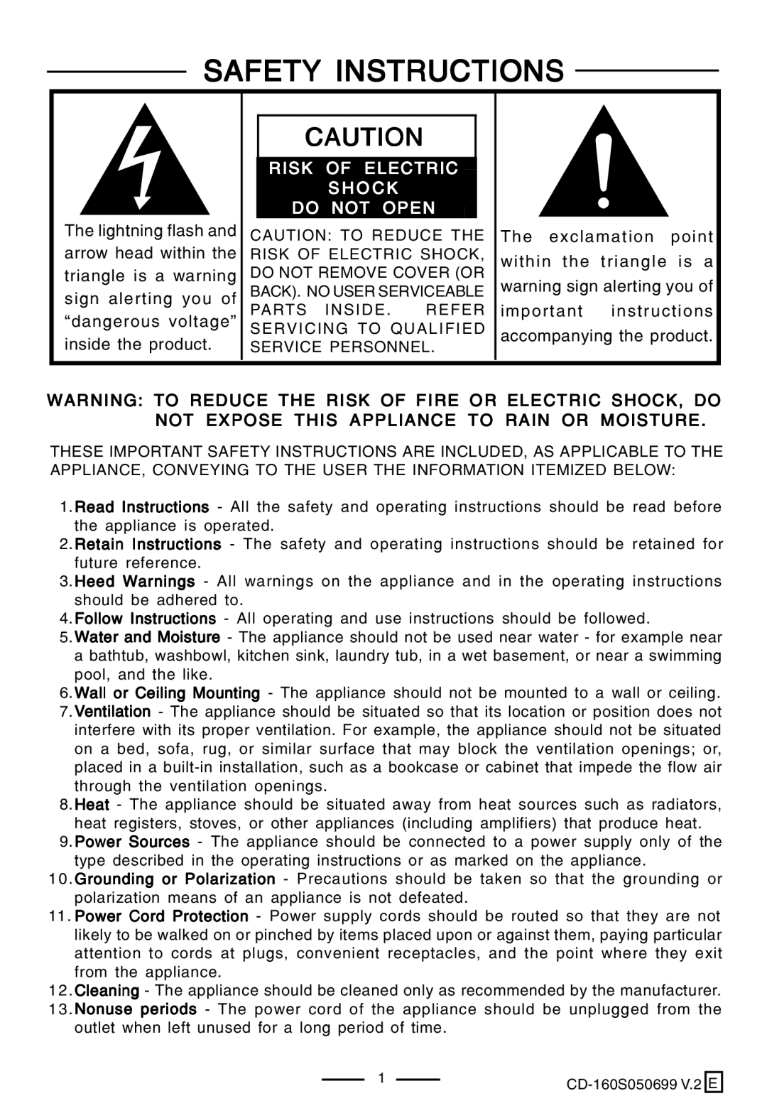 Lenoxx Electronics CD-160 manual Safety Instructions, Risk of Electric O C K Do not Open 