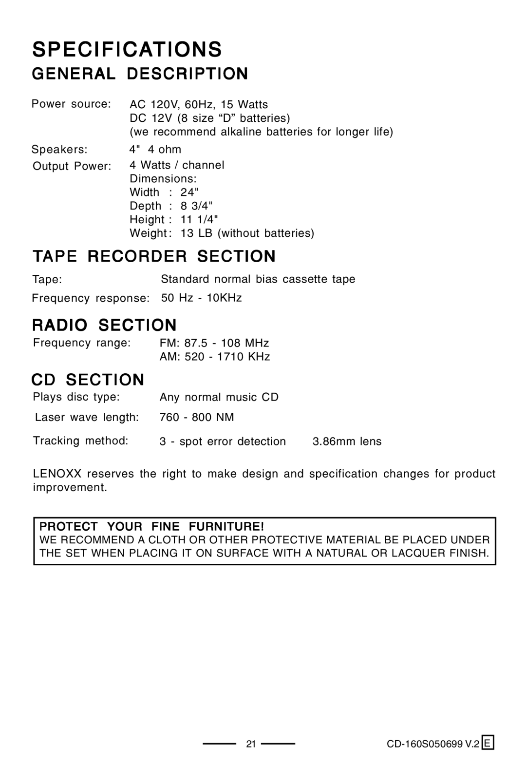 Lenoxx Electronics CD-160 manual Specifications, General Description, Tape Recorder Section, Radio Section, CD Section 