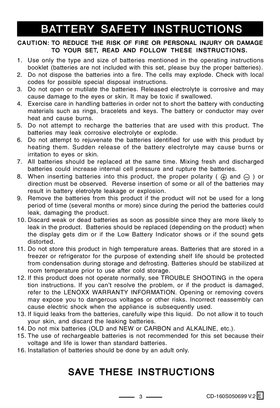 Lenoxx Electronics CD-160 manual Battery Safety Instructions 