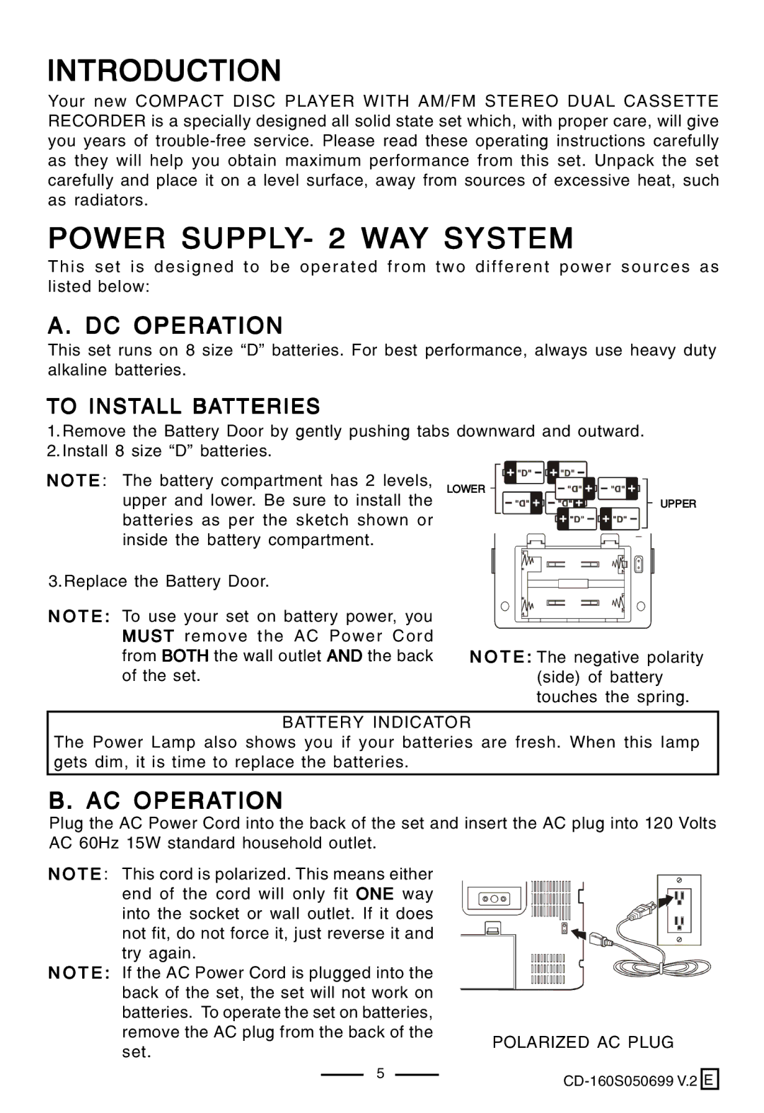 Lenoxx Electronics CD-160 manual Introduction, Power SUPPLY- 2 WAY System, DC Operation, AC Operation 