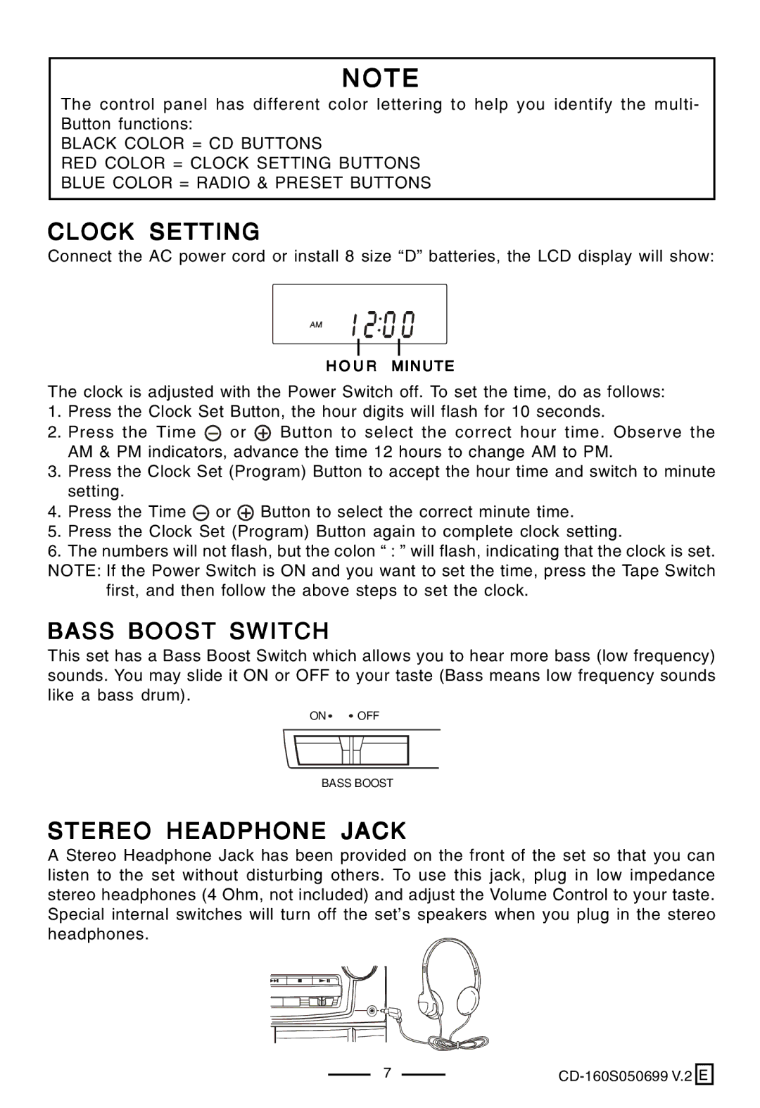 Lenoxx Electronics CD-160 manual Clock Setting, Bass Boost Switch, Stereo Headphone Jack 