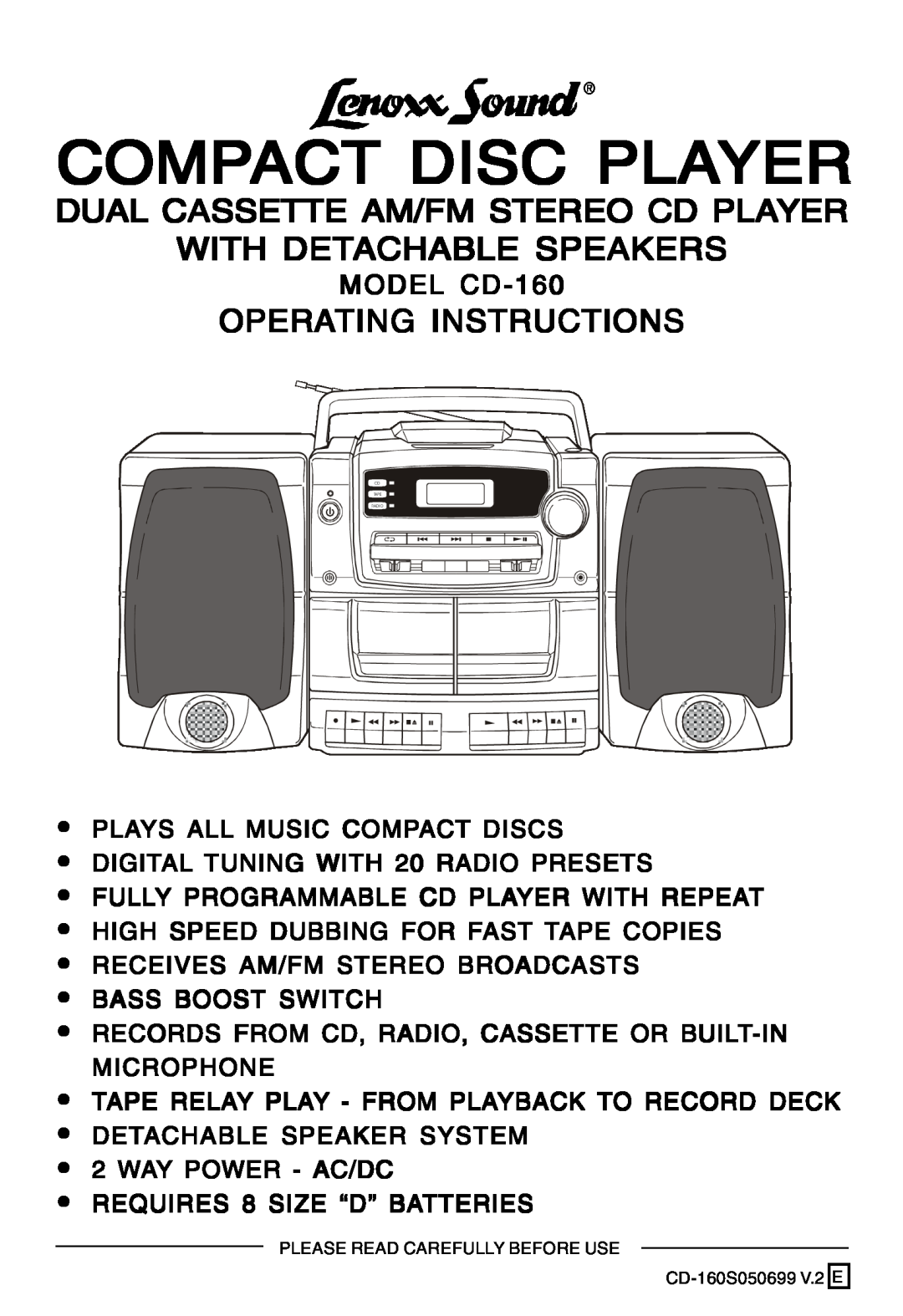 Lenoxx Electronics CD-160 manual Dual Cassette Am/Fm Stereo Cd Player, With Detachable Speakers, Operating Instructions 