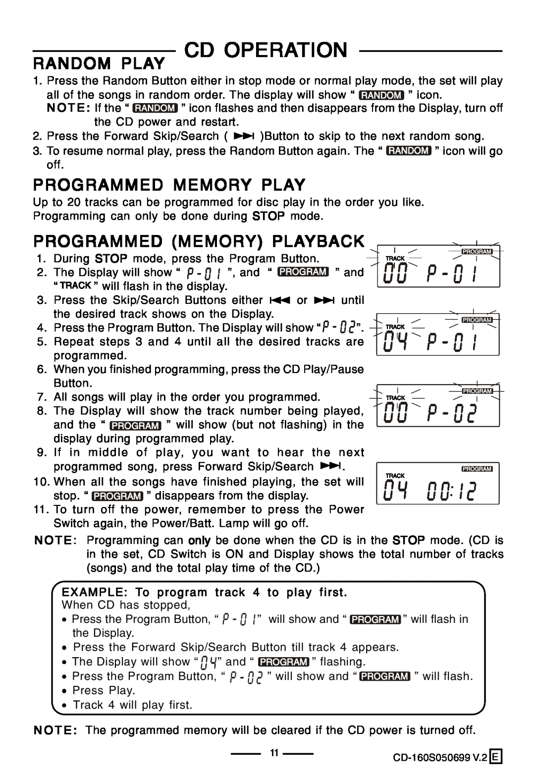 Lenoxx Electronics CD-160 manual Random Play Cd Operation, Programmed Memory Playback 