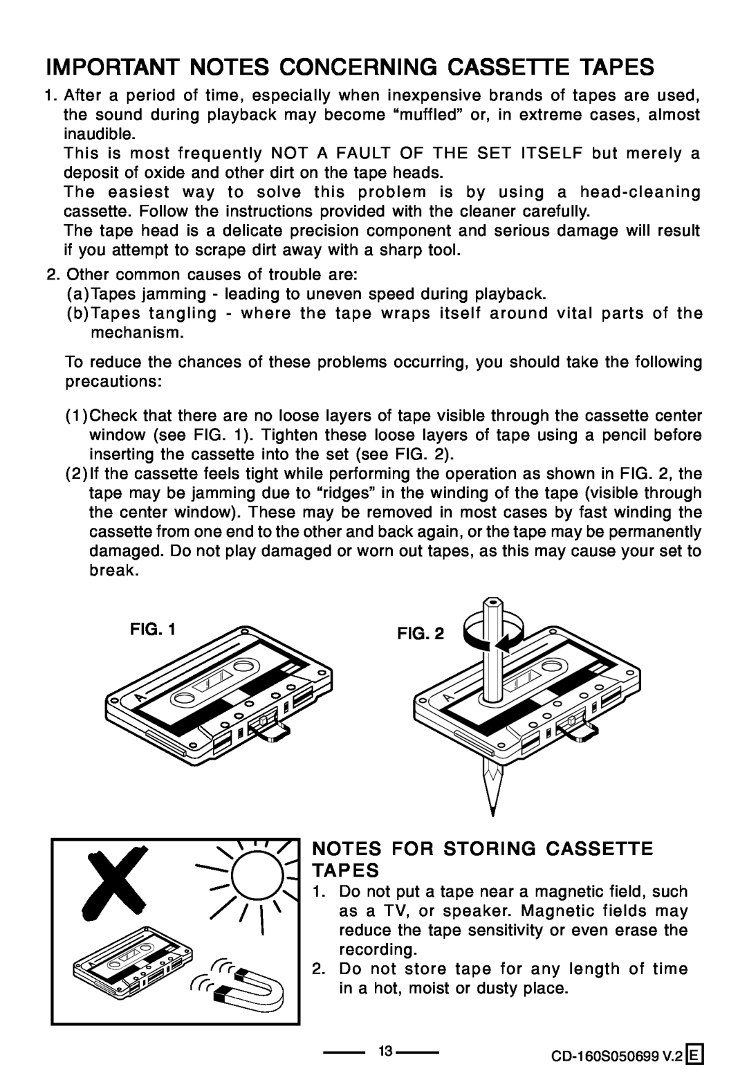 Lenoxx Electronics CD-160 manual Important Notes Concerning Cassette Tapes, Notes For Storing Cassette Tapes 