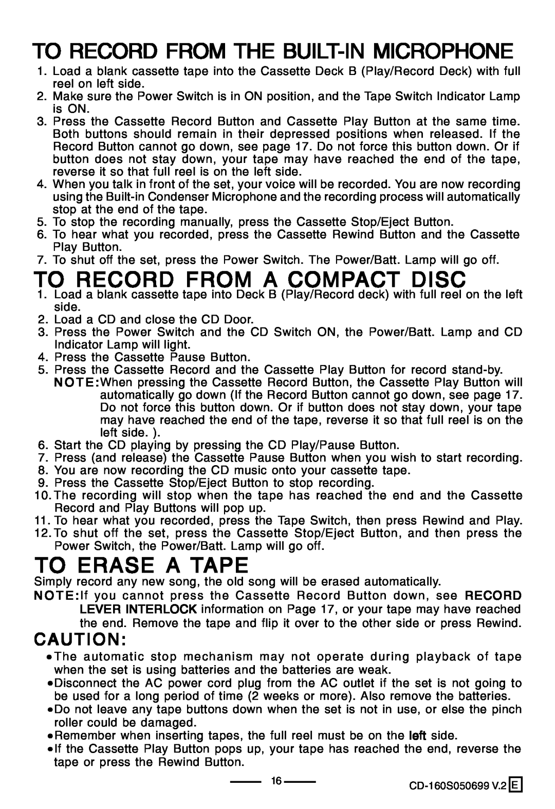 Lenoxx Electronics CD-160 manual To Record From The Built-Inmicrophone, To Record From A Compact Disc, To Erase A Tape 