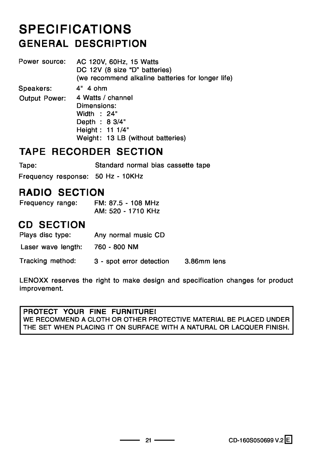 Lenoxx Electronics CD-160 manual Specifications, General Description, Tape Recorder Section, Radio Section, Cd Section 