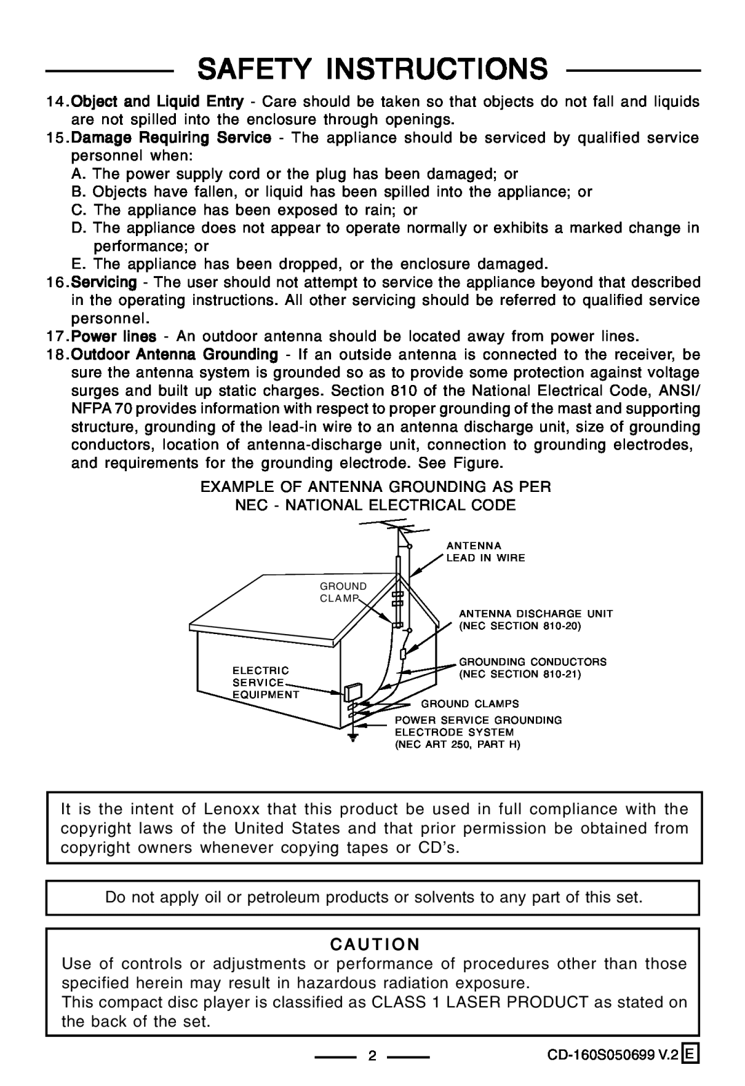 Lenoxx Electronics CD-160 manual Safety Instructions, C A U T I O N 