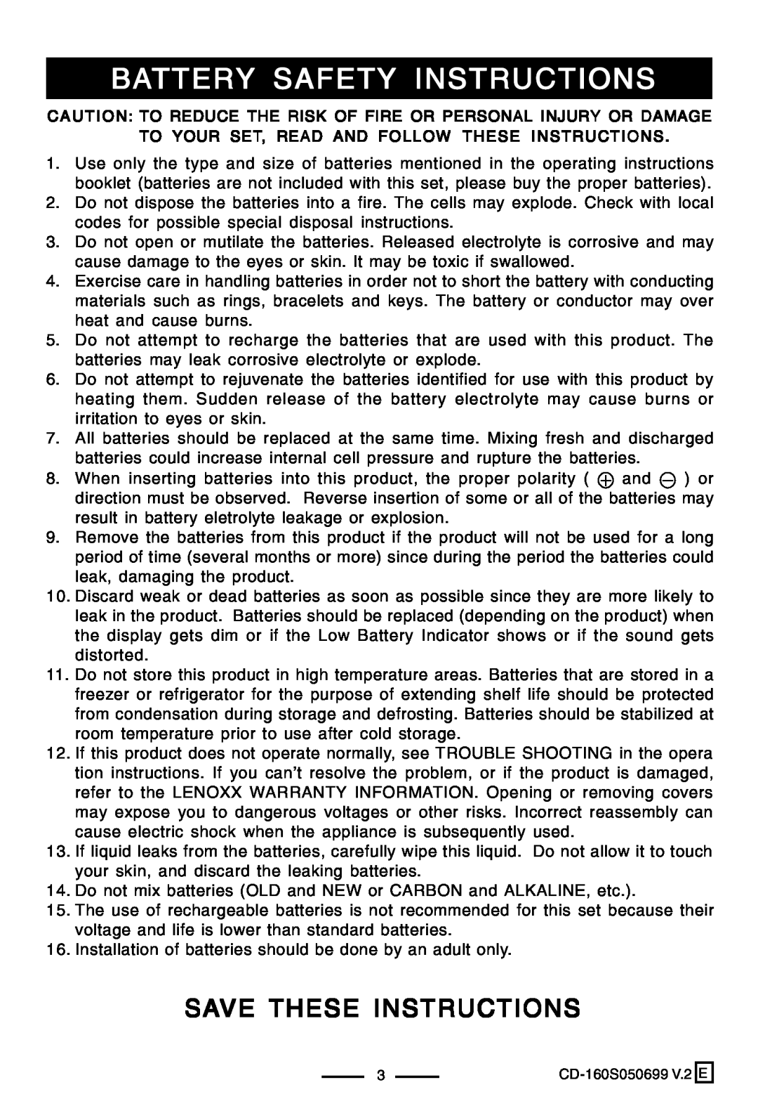 Lenoxx Electronics CD-160 manual Battery Safety Instructions, Save These Instructions 