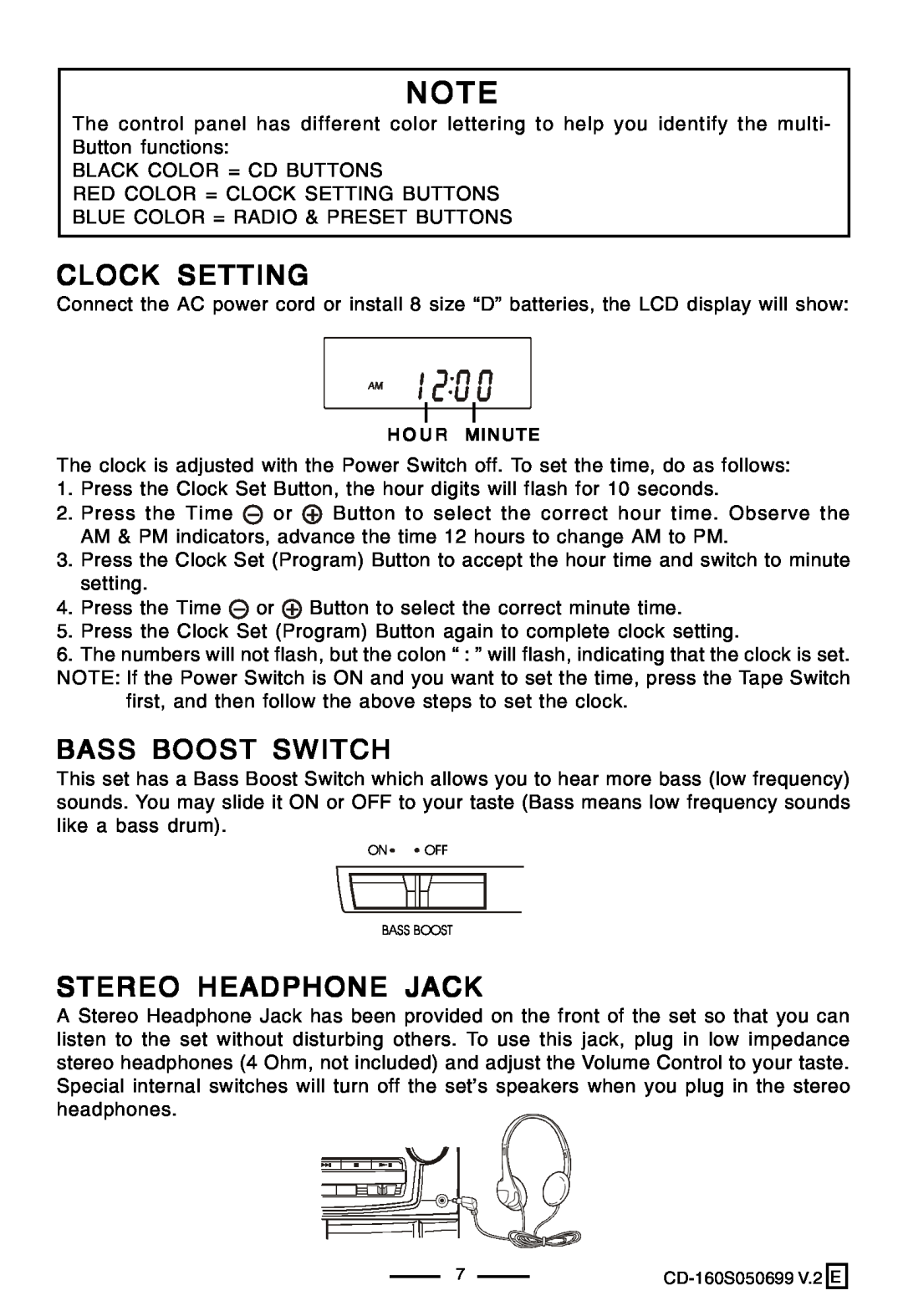 Lenoxx Electronics CD-160 manual Clock Setting, Bass Boost Switch, Stereo Headphone Jack 