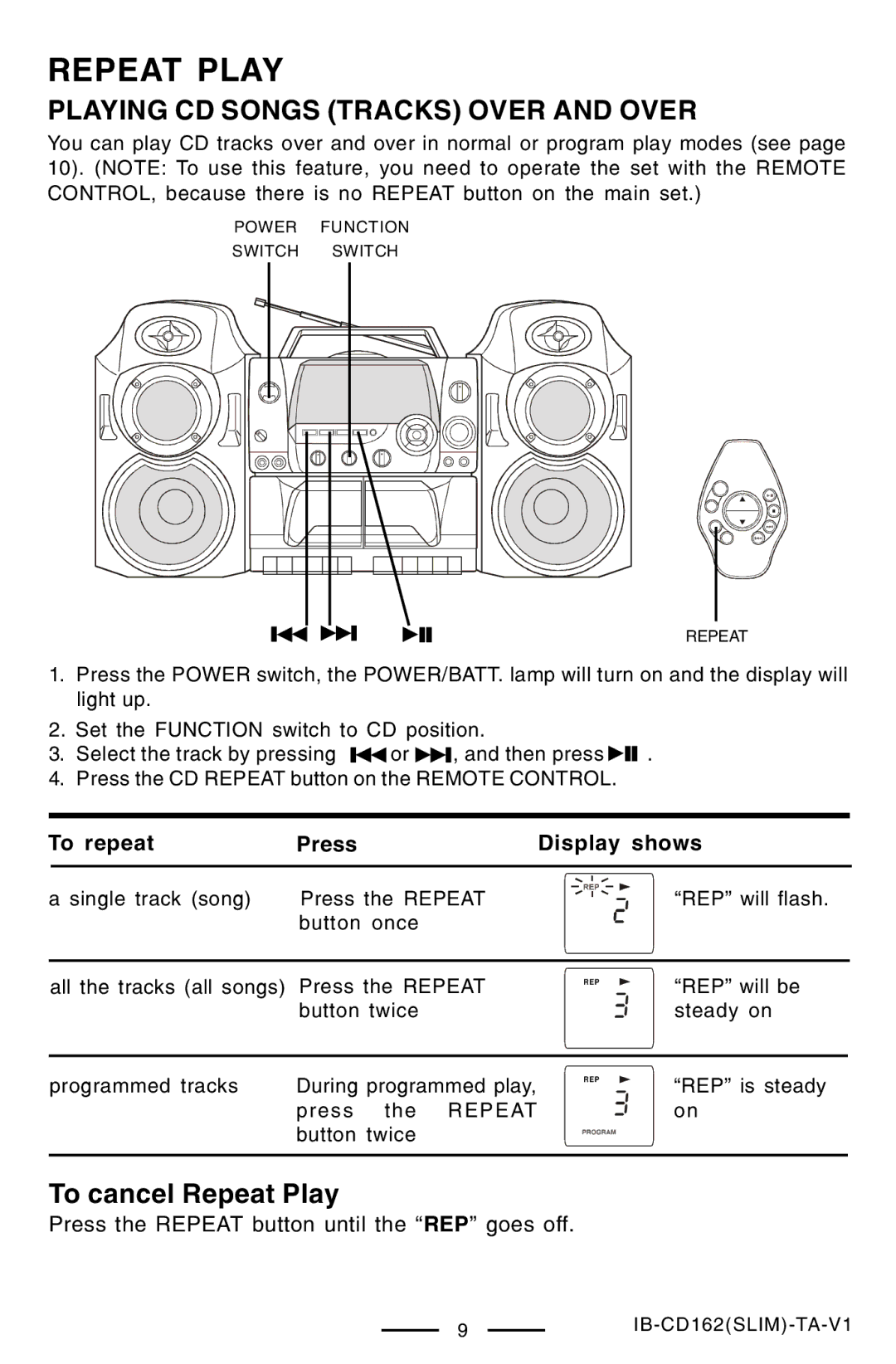 Lenoxx Electronics CD-162 operating instructions Repeat Play 