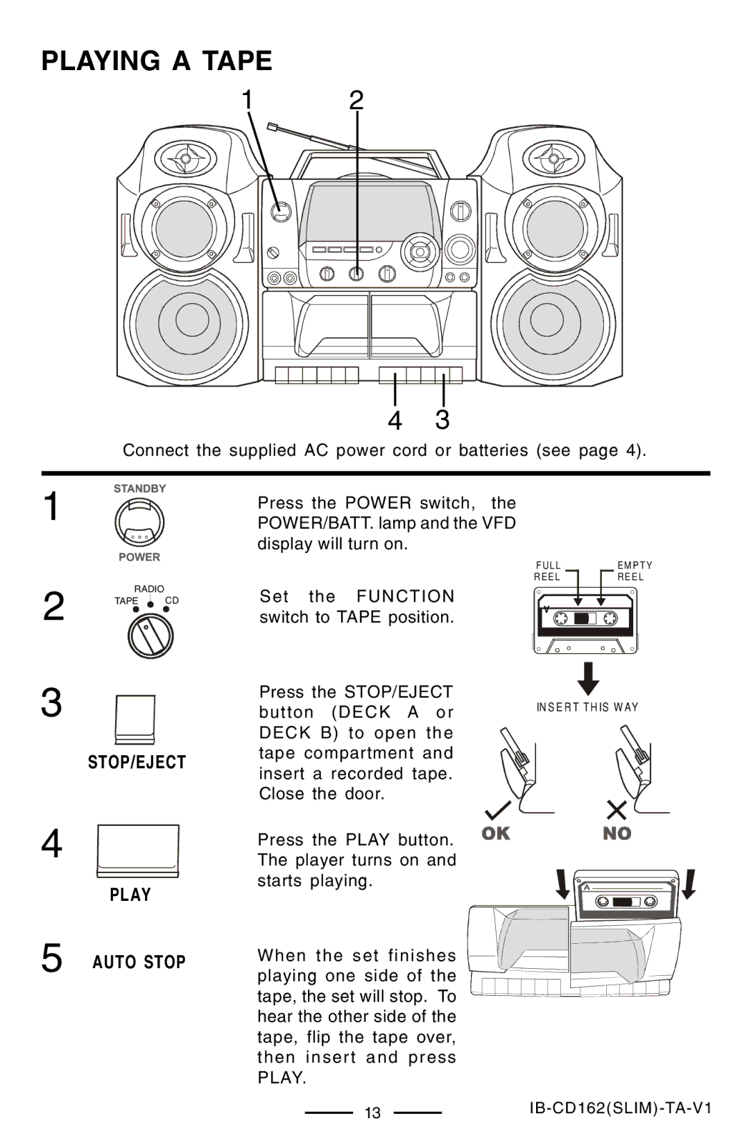 Lenoxx Electronics CD-162 operating instructions Playing a Tape, STOP/EJECT Play Auto Stop 