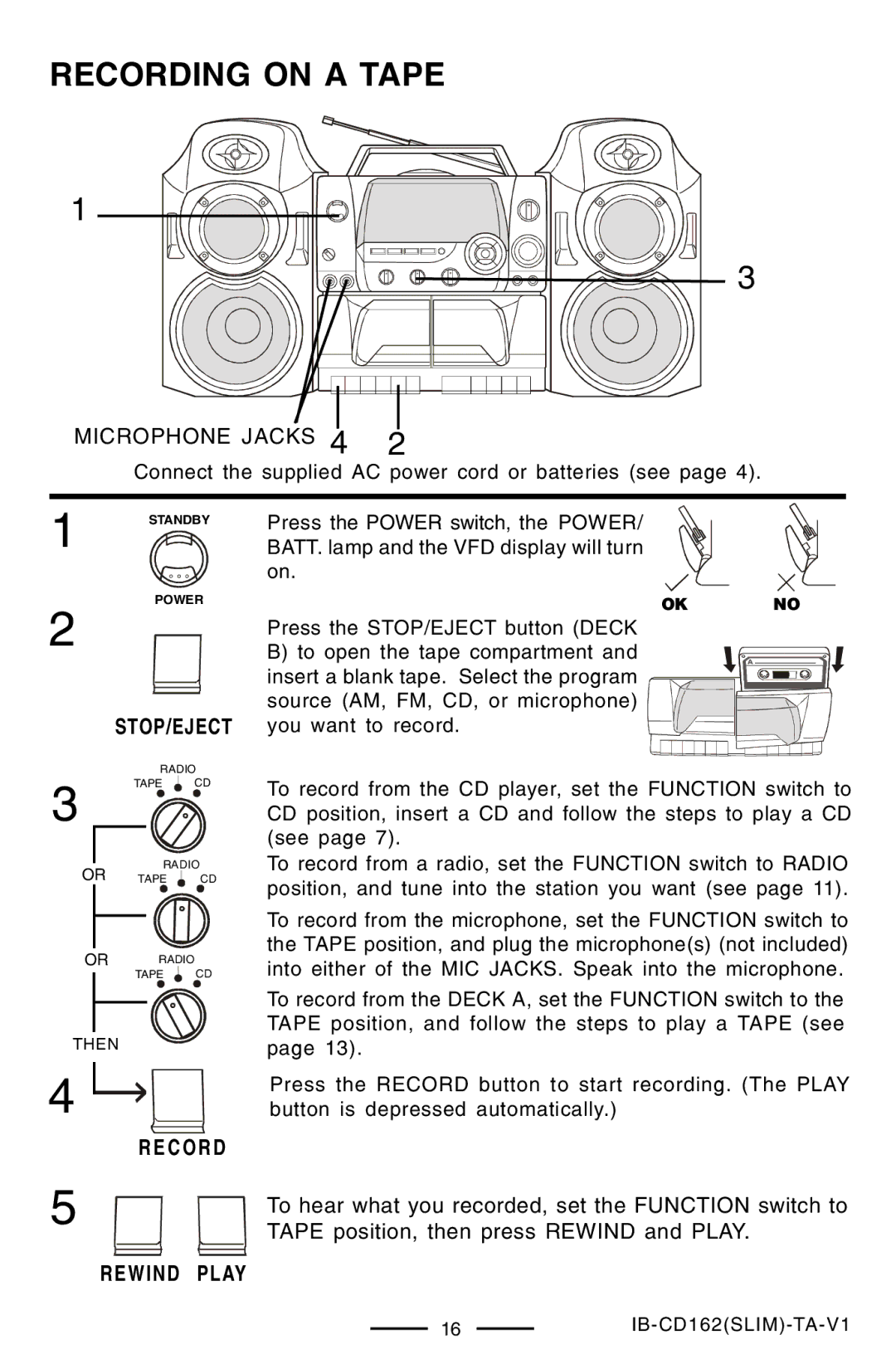 Lenoxx Electronics CD-162 operating instructions Recording on a Tape, Microphone Jacks 4, Stop/Eject, Rewind Play 