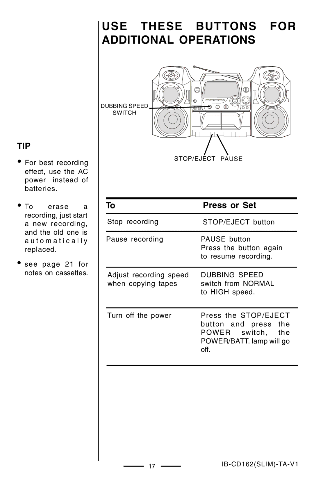 Lenoxx Electronics CD-162 operating instructions Dubbing Speed, Power 