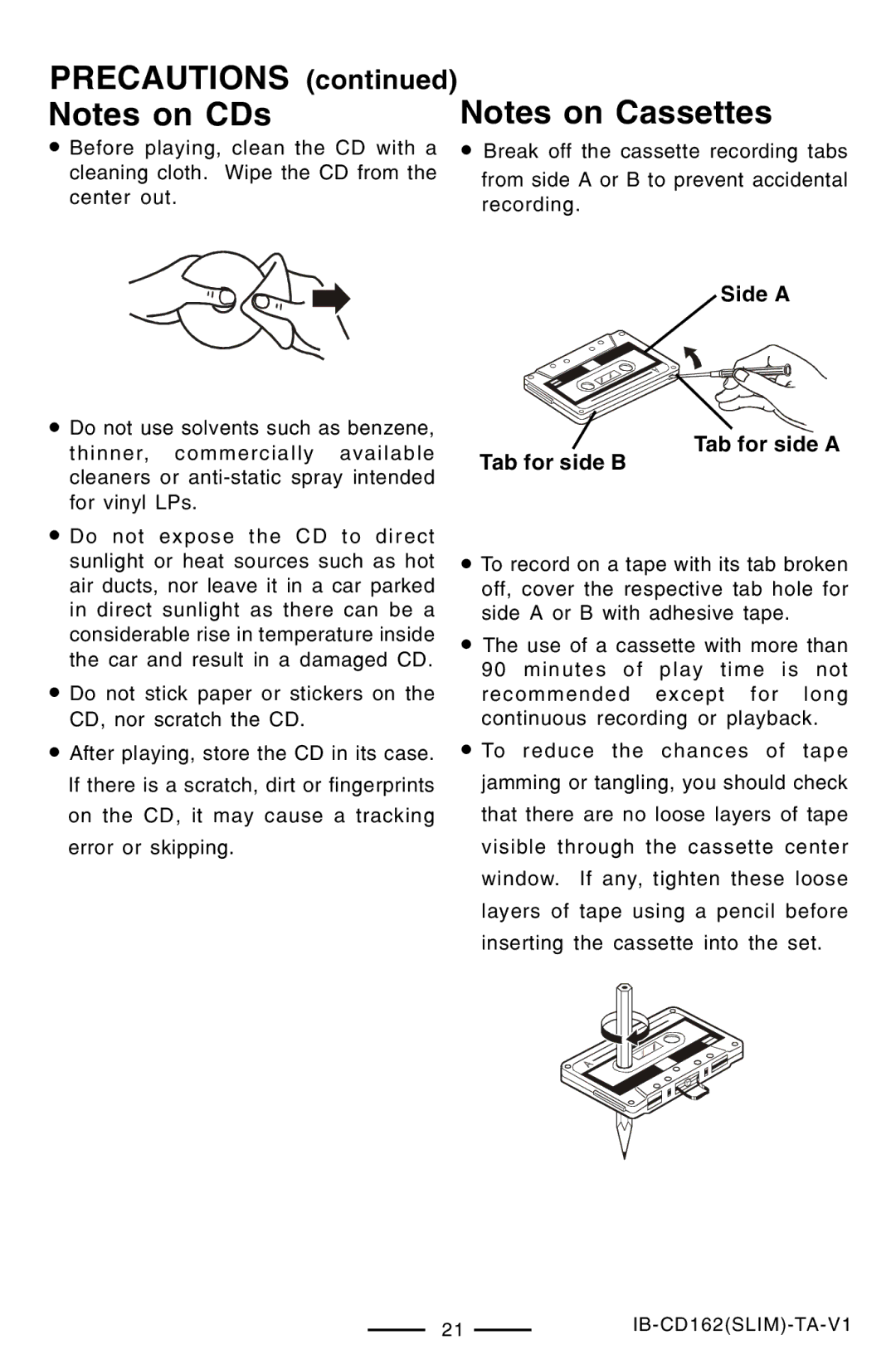 Lenoxx Electronics CD-162 operating instructions Precautions Notes on CDs, Side a 