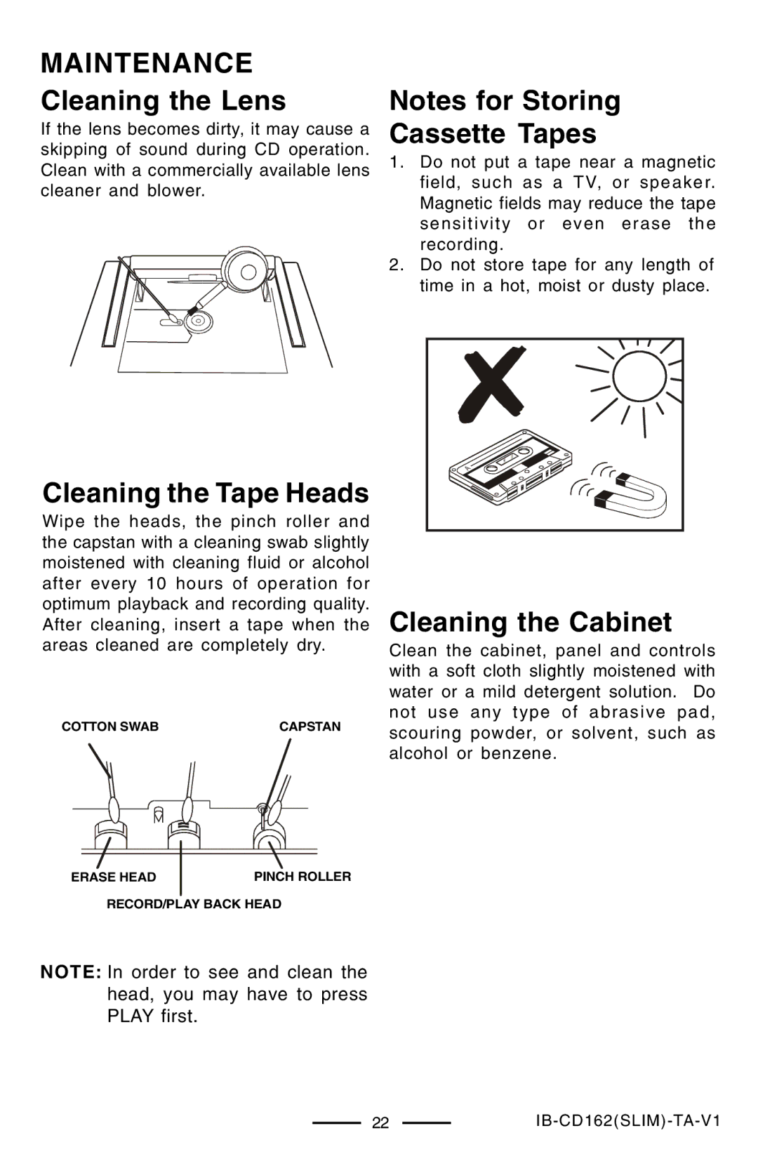 Lenoxx Electronics CD-162 Maintenance, Cleaning the Lens, Cleaning the Tape Heads, Cassette Tapes, Cleaning the Cabinet 