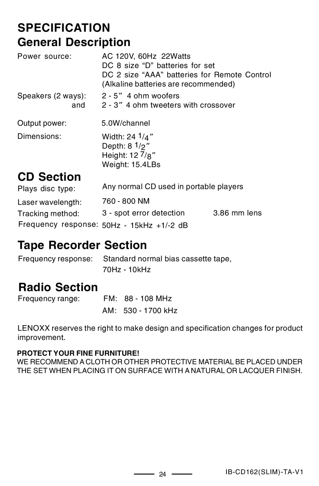 Lenoxx Electronics CD-162 Specification, General Description, CD Section, Tape Recorder Section, Radio Section 