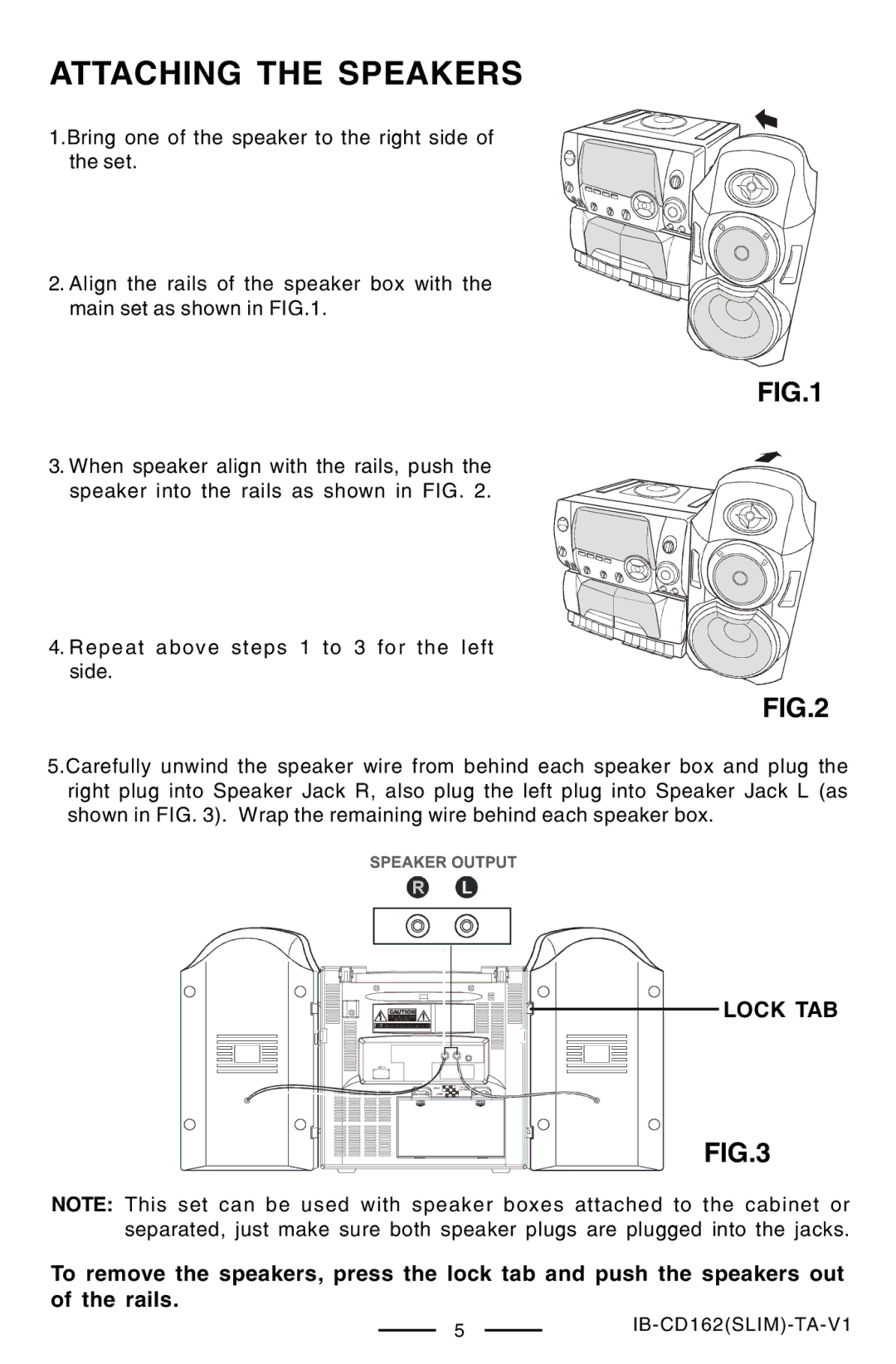 Lenoxx Electronics CD-162 operating instructions Attaching the Speakers, Lock TAB 